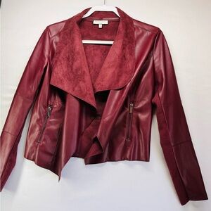 bagatelle Burgundy Faux Leather Jacket with Suede-Trim Shawl Collar‎